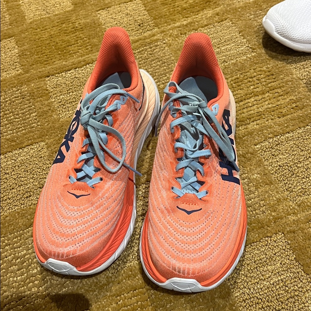 Hoka Vibrant Coral and Sky Blue Sneakers